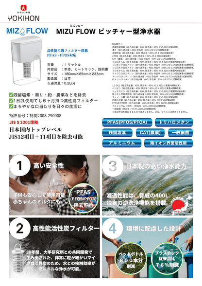 ピッチャー型浄水器　ミズフロー／Mizu Flow　本体（カートリッジ含む）