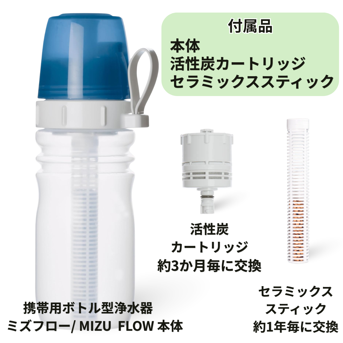 携帯用ボトル型浄水器　ミズフロー／MIZU FLOW　本体（カートリッジ含む）